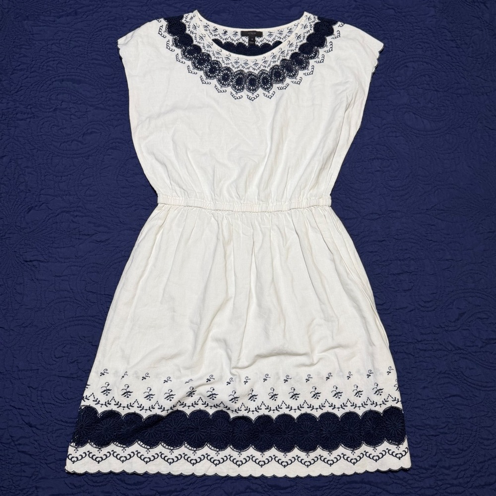 J.Crew Womens Linen Cotton Eyelet Embroidered Lace Dress White Navy 10 Peasant